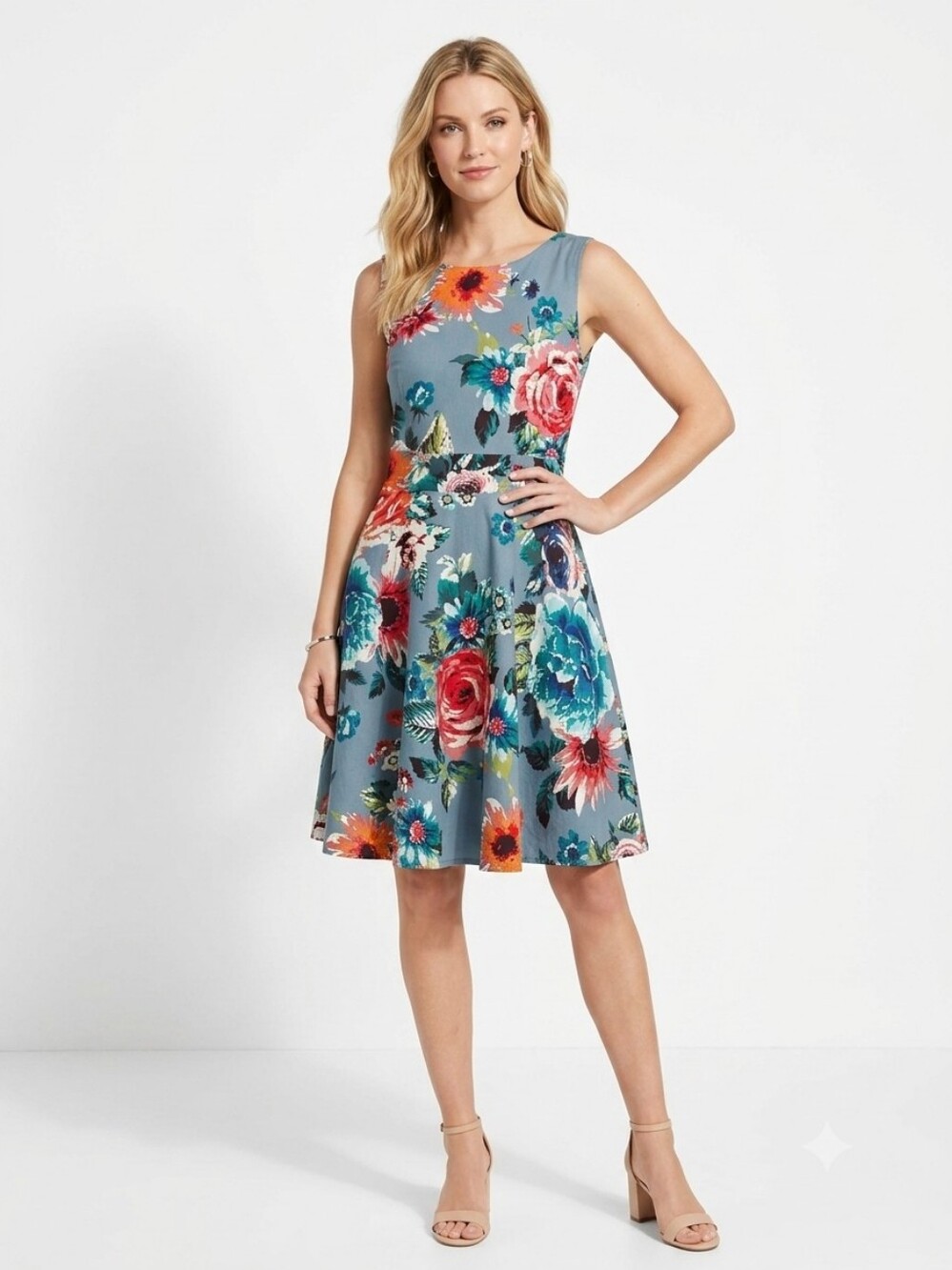 ARANEE Womens Dress Size LARGE Blue Fit Flare Floral Sleeveless Back Tie Zip
